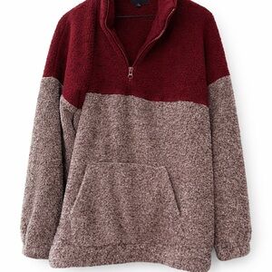 Zenana Outfitters Burgundy & Taupe Sherpa Quarter Zip Pullover – Size L